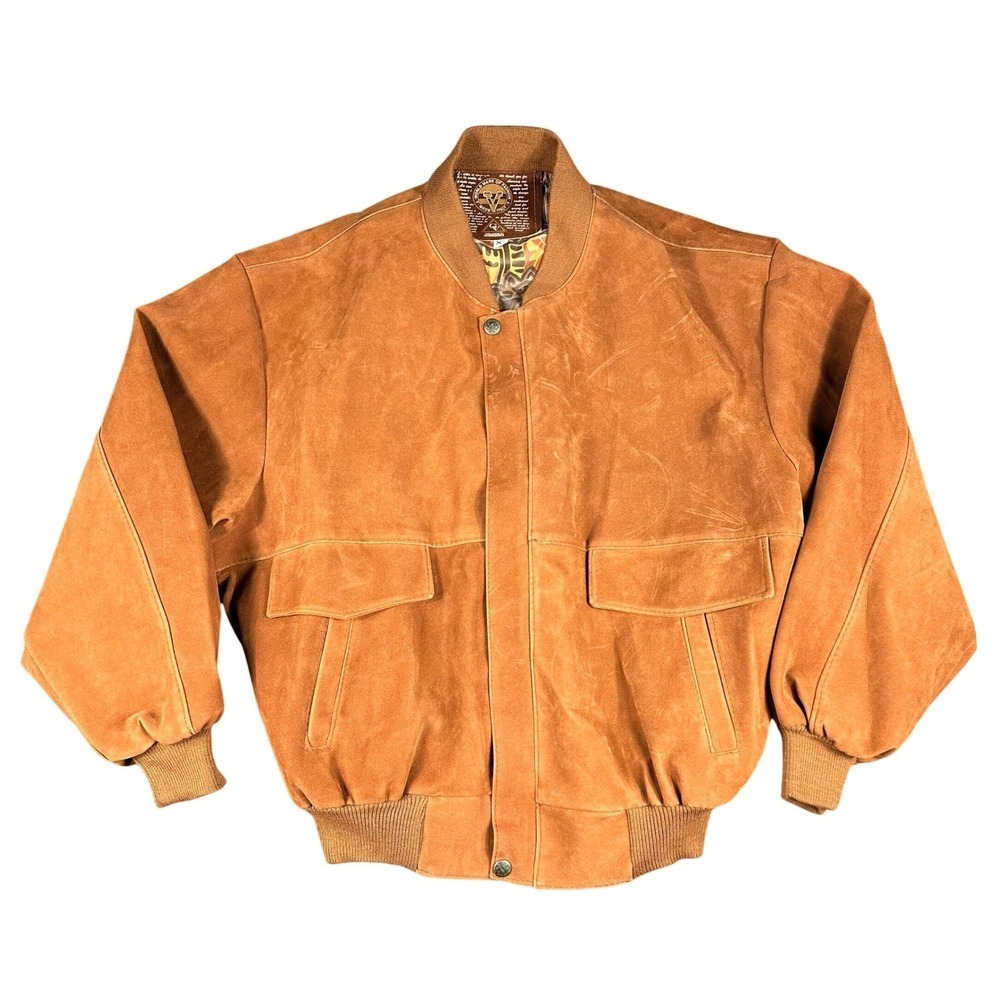 Vintage Gruppo V Diffusion Suede Bomber Jacket XL Made in Italy Tan Art Print